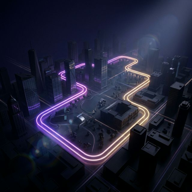 Visualização 3D cinematográfica da rota de corrida