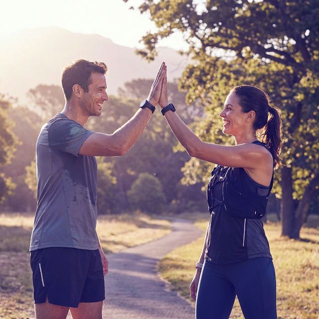 Corredores comemorando após treino