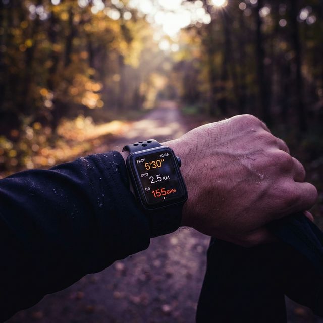 Corredor conferindo métricas no Apple Watch durante o treino